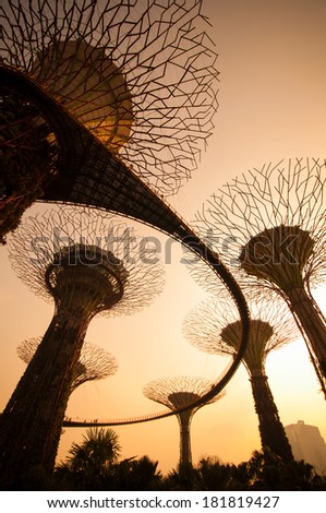 SINGAPORE - MARCH 09: Silhouette of Gardens by the Bay  on March 09, 2014 in Singapore. Gardens by the Bay was crowned World Building of the Year at the World Architecture Festival 2012