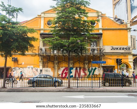 KUALA LUMPUR, MALAYSIA - NOVEMBER 14, 2014 : Grecian-Spanish style buildings on Little India street in Kuala Lumpur, Malaysia.