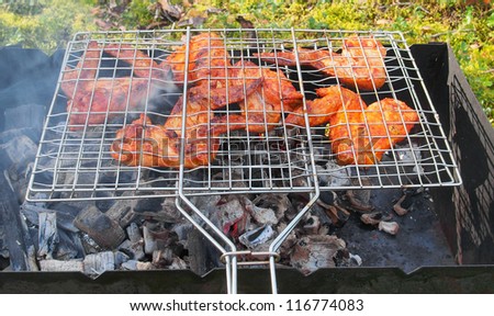 barbecue chicken wings marinated in herbs on the coal grill