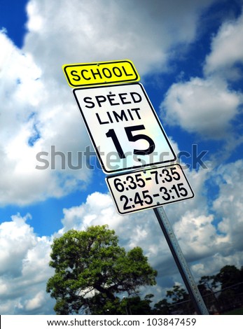 Speed Limit Sign In A School Zone With 15 Miles Per Hour Stock Photo ...