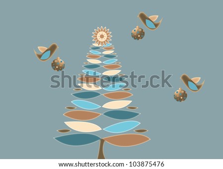 Retro Christmas illustration with birds carrying vintage holiday ornament to decorate Christmas tree