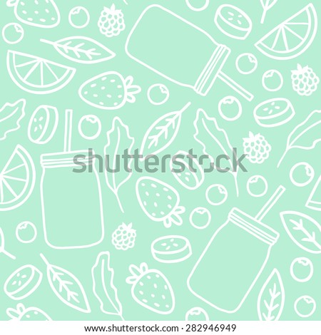 Fruits & berries and smoothie jars outline seamless pattern