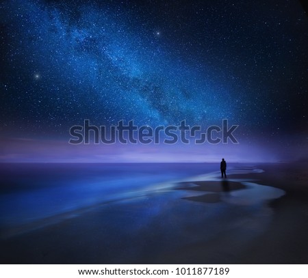 Image, Stock Photo Man standing under starry night