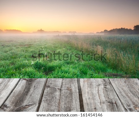 foggy morning on meadow. sunrise landscape with wood floor