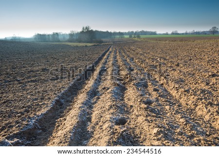 plowed field at sunny weather. rural landscape