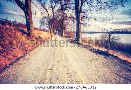 Vintage photo of calm countryside with rural sandy road. Agricultural landscape with old fashioned colors