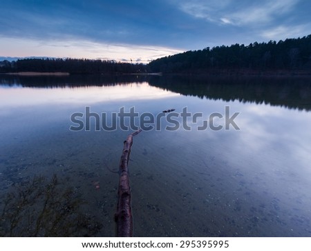 Sunrise over beautiful wild lake in Poland. Lake in Mazury Lake District in northern Poland