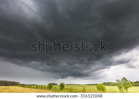 Summer landscape with storm sky over rye field. Frightening dark sky of thunderstorm over land