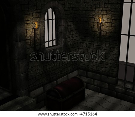 A dark and musty stone prison with bars on the windows and torches for light.