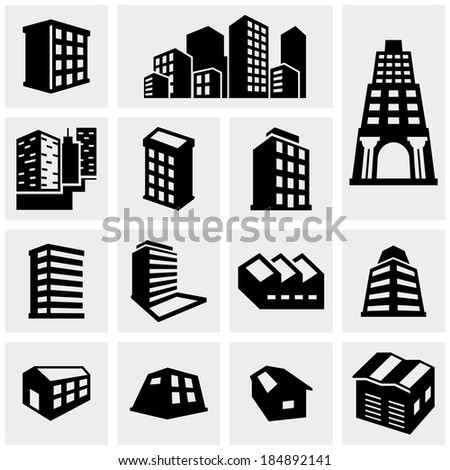 Building vector icons set on gray 