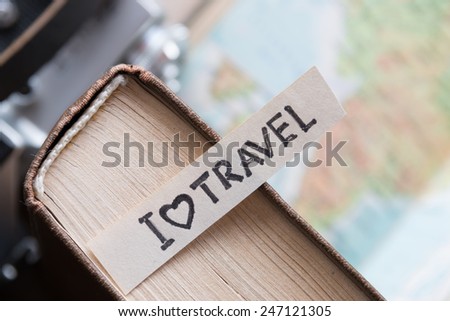 text I Love Travel map and book