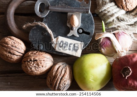 open concept, old padlock and key on wooden plank, grocery store