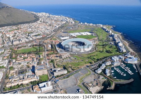 Aerial view of Green Point stadium and downtown of Cape Town, South Africa