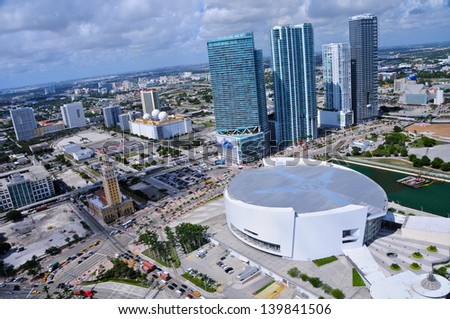 MIAMI - OCTOBER 25: Aerial view of the American Airlines Arena on October 25, 2010 in Miami, Florida. It  opened on December 31st, 1999 and is home to the Miami Heat (NBA). It has a capacity of 19600.
