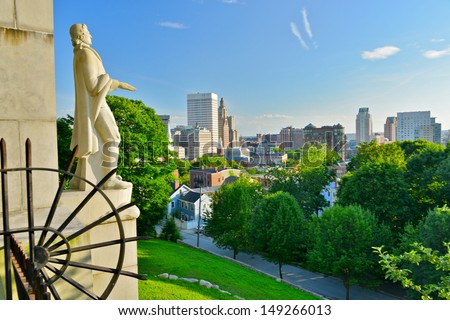 Prospect Terrace Park view of the Providence skyline and Roger Williams statue, Providence, Rhode Island, USA