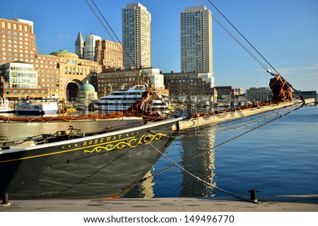 BOSTON,MA - JULY 4 : The Roseway on july 4th, 2013. It is a wooden gaff-rigged schooner launched on 24 November 1925 in Essex, Massachusetts. Now restored it is listed as a National Historic Landmark.