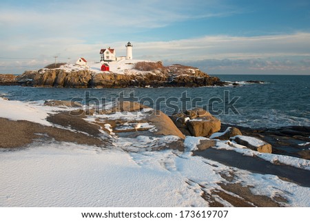 Nubble Lighthouse after a Winter Storm, Cape Neddick, York, Maine, USA