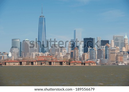 Lower Manhattan skyline with Ellis Island in the foreground as seen from Liberty State Park, New Jersey