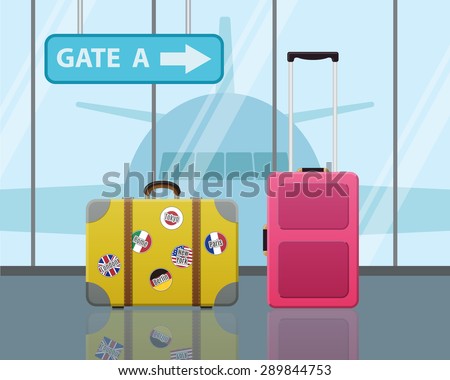 Travel suitcases in airport with a plane in background. Travel, Business trip concept. Modern Flat Design
