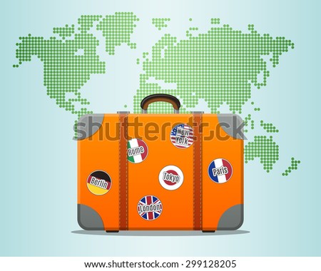 Travel suitcase with stickers and world map