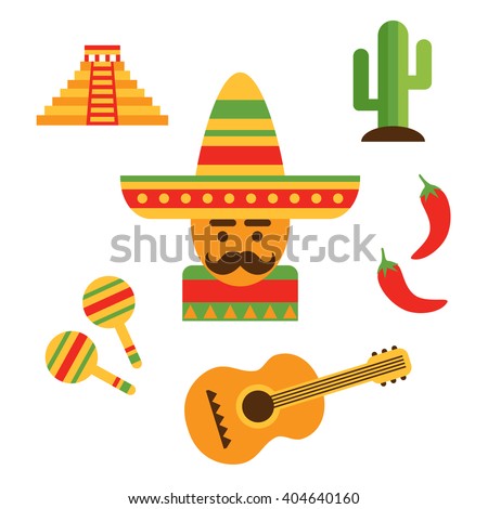 Festival Mexican Design Elements: Mexican In Sombrero, Maracas, Guitar ...