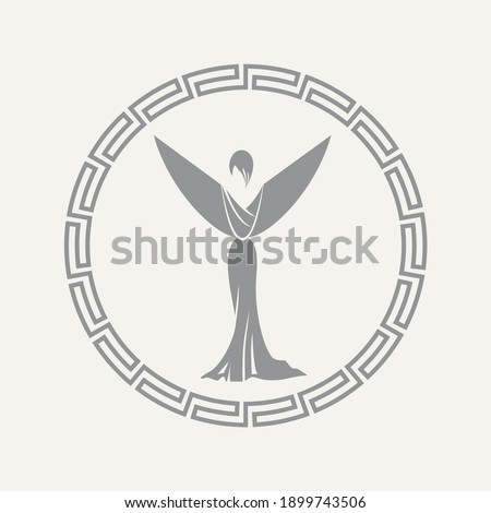 Stylized woman in long evening dress in Greek circle frame raised her arms-wings in victory gesture