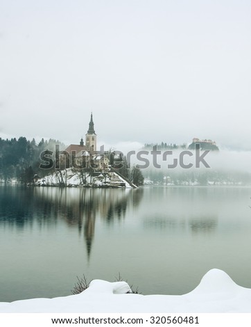 Rainy of day at the lake Bled in winter, Slovenia, Europe