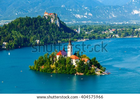 Similar – Image, Stock Photo Lake Bled and island with church and castle on the rock in the background in summer, Slovenia, Europe