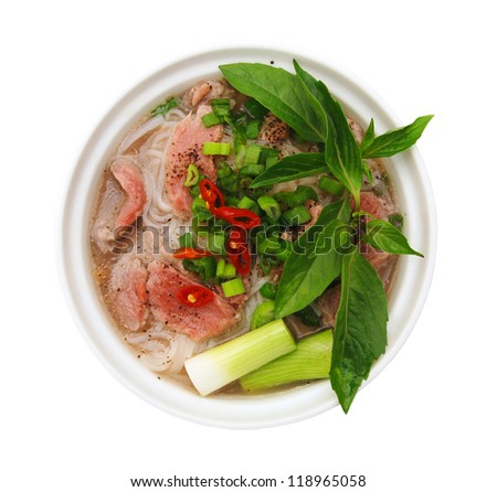Vietnamese food , rice noodle soup with sliced rare beef