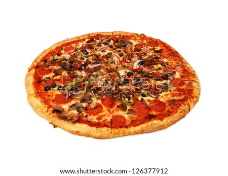 colorful tasty pizza with olives, pepperoni, ham and pepper, close-up shot, isolated on a white background