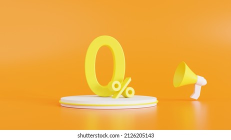0% or Zero percent on white podium and megaphone for
Promotion discounted products, and yellow background,
 3D render illustration.
