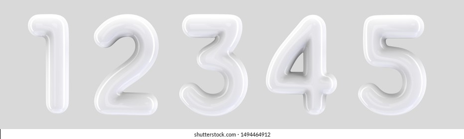 1, 2, 3, 4, 5 White Foil Balloon Numbers Set On Light Grey Background In 3d Rendering