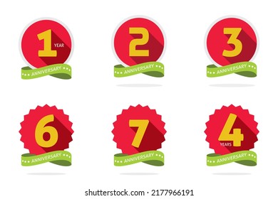 1, 2, 3, 4, 6 And 7 Year Anniversary Number Logo Flat Red Green Yellow Icon, Celebrating Of Birthday Jubilee Modern Labels Set Ribbon Or Congratulation Date Logotype Graphic Circle Round