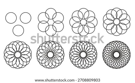 1, 2, 3, 4 overlapping circles venn diagram vector icons in line style design for website, . Editable stroke. Vector illustration