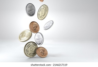 1, 2 and 5 Rupees Pakistani currency coins falling 3D illustration