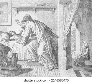1 Kings 17 Elijah raises the son of the Widow of Zarephath. This woodcut by Julius Schnoor von Carolsfeld (originally done in 1860) was published in 1867 in Die Bibel Oder Die.