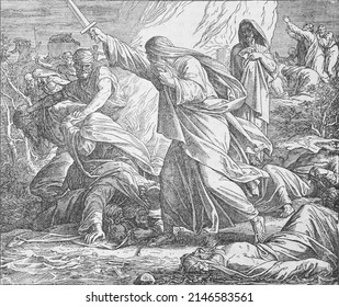 1 Kings 18 The prophets of Baal are defeated and Elijah commands them to be captured and destroyed. This woodcut by Julius Schnoor von Carolsfeld (originally done in 1860) was published in 1867.