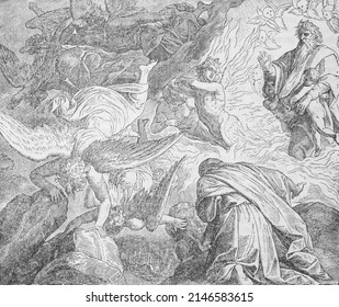 1 Kings 19:11-12 God shows his appearance to Elijah. This woodcut by Julius Schnoor von Carolsfeld (originally done in 1860) was published in 1867 in Die Bibel Oder Die.