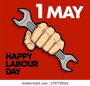 1 may Happy Labour Day wrench in a fist colors banner. 1st may Worker's day spanner in arm illustration. International holiday card tool hand.  illustration
