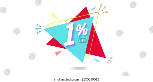 1% off limited special offer. Banner with one percent discount on a white background with blue triangle and red