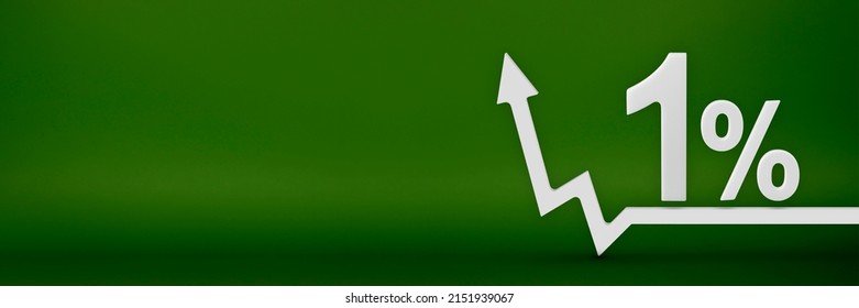 1 percent. The arrow on the graph points up. Rising prices, inflation, increase in income, increase in interest rates, taxes. 3d banner, one percent sign discount on a green background.