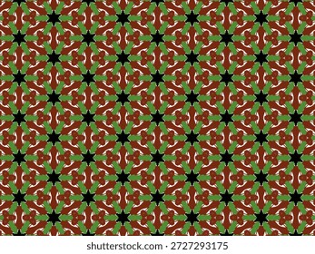 แบบที่ 1: Seamless geometric pattern with dark red and olive green floral motifs and black stars.
• แบบที่ 2: Abstract ethnic ornament seamless pattern. Vector illustration of a repeating tribal-inspired geometric design.
• แบบที่ 3: Intricate kaleidoscopic seamless pattern with maroon and green elements on a white background.