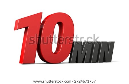 10 Min 3d text logo with a bold red number and sleek black letters, representing speed, urgency, and quick time concept on a white background. 3d illustration.