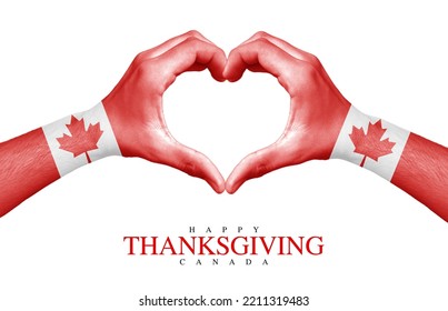 10 October, Happy Thanksgiving Day Canada Creative Poster With Canadian Flag Pattern Heart Shaped Painted Hand Isolated On White Background