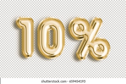10% off discount promotion sale made of realistic 3d Gold helium balloons with Clipping Path. Illustration of balloon percent discount collection for your unique selling poster, banner, discount, ads.