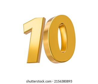 10% Off On Sale. Gold Percent Isolated On White Background 10th Anniversary Celebration 3D Golden Numbers 3d Illustration