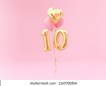 10 Years Old. Gold Balloons Number 10th Anniversary, Happy Birthday Congratulations. 3d Rendering.