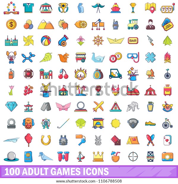 100 adult games icons\
set. Cartoon illustration of 100 adult games icons isolated on\
white background