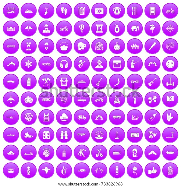 100 adventure icons set in purple circle\
isolated on white \
illustration