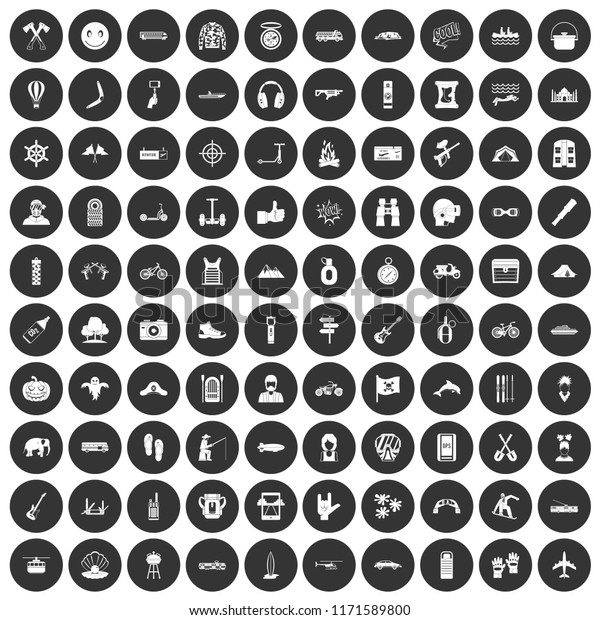 100 adventure\
icons set in simple style white on black circle color isolated on\
white background\
illustration